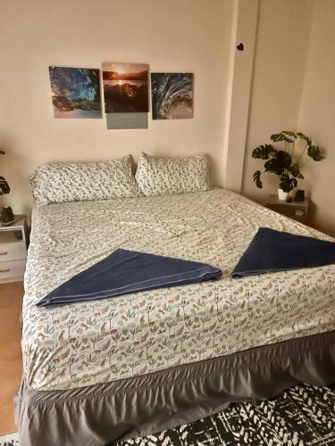 a bedroom with a bed with blue pillows on it at Grandvistasuites Tobago in Scarborough
