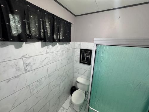 a bathroom with a toilet and a green door at Casa de Campo Arenal in San Francisco