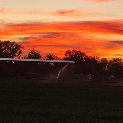 a sunset over a field with a building and trees at The Elevated Retreat in Cedar City