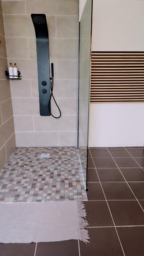 a shower with a glass door in a bathroom at Case Créole Soalaze in Salazie
