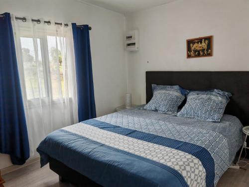 a bedroom with a bed with blue curtains and a window at Case Créole Soalaze in Salazie