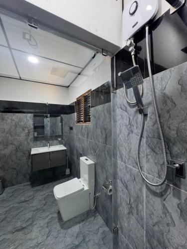 a bathroom with a shower and a toilet and a sink at Thousand Sunny Villa in Duwegoda