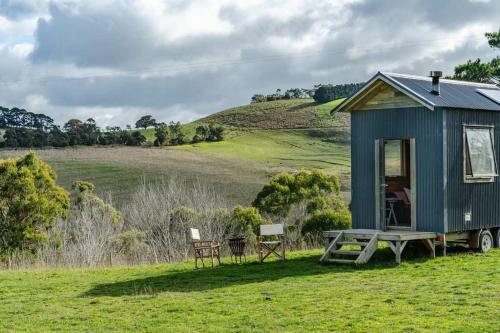 a blue tiny house in a field with a picnic table at Deep Creek Sunset by Tiny Away in Romsey