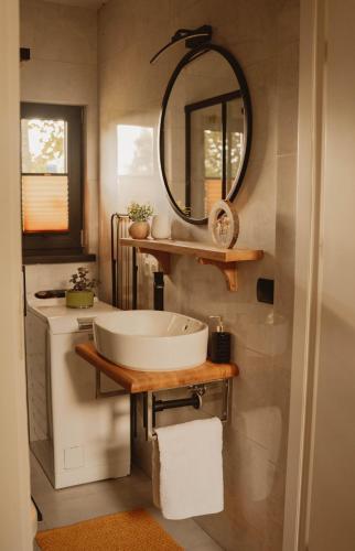 a bathroom with a sink and a mirror on the wall at Cudomki nad jeziorem Krzywym in Piecki