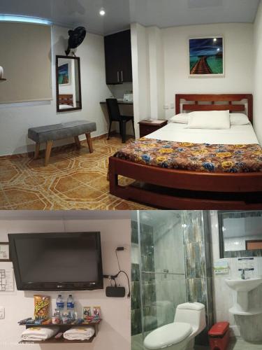 a hotel room with a bed and a bathroom at Hotel Confortel in Armenia