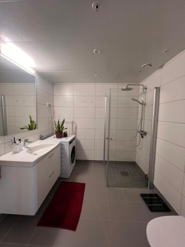 a bathroom with a shower and a sink and a washing machine at Cozy private room centrally in Jessheim in Jessheim