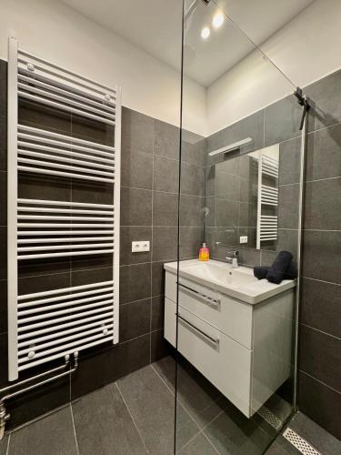 a bathroom with a sink and a glass shower at Appartment in Freizeitpark in Wiesloch