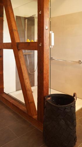 a glass door in a bathroom with a shower at Winzerhof Weber in Buggingen