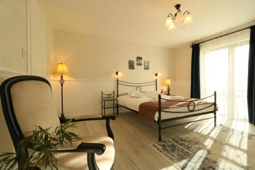 a bedroom with a bed and a chair and a window at Zodia Craiului in Peştera
