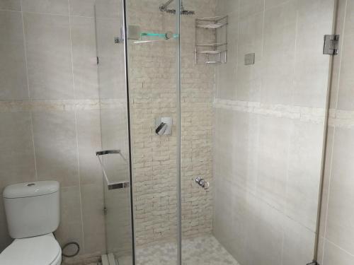 a bathroom with a glass shower with a toilet at Elephant hide away in eMalahleni