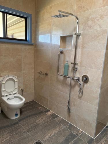 a bathroom with a shower and a toilet at Budget rooms in big house in Kelmscott