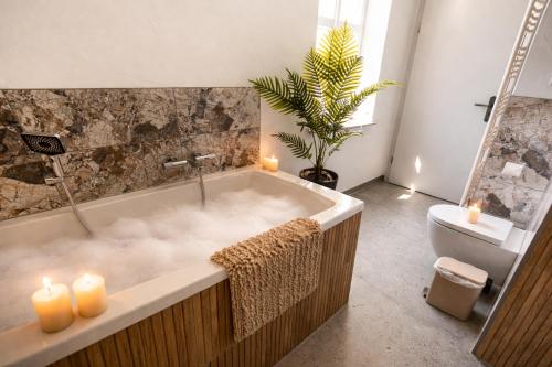 a bathroom with a bath tub with candles and a plant at Traumzeit Apartments in Dinkelsbühl
