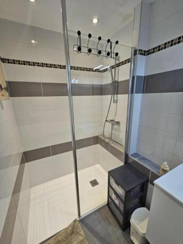 a shower with a glass door in a bathroom at Gîte la salle in Vivonne