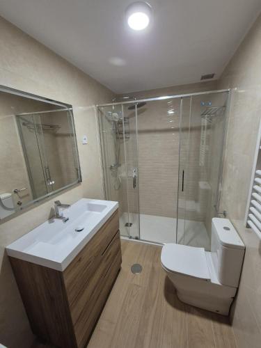 a bathroom with a toilet and a sink and a shower at Apartment with side seaview 60 meters from sea in Torrevieja