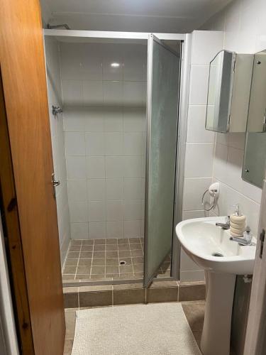 a bathroom with a shower and a sink at Boschberg Accommodation in Somerset East