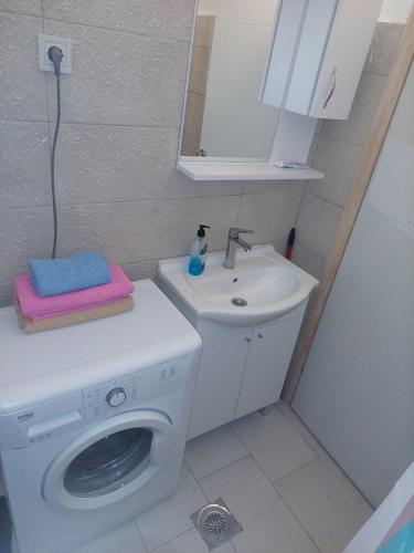 a small bathroom with a washing machine and a sink at Podgorica apartment in Podgorica