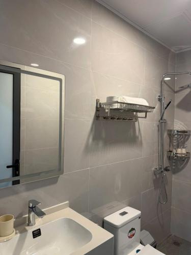 a bathroom with a sink and a mirror and a toilet at 19 home in Hue