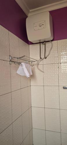 a bathroom with a toilet paper dispenser on the wall at Greenhome apartment in Poli