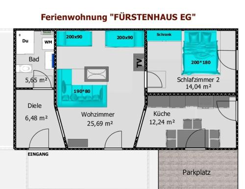 a floor plan of a house at "Fürstenhaus-1" 2-ZKB, EG, Terrasse, Hofgeismar-Zentrum! in Hofgeismar