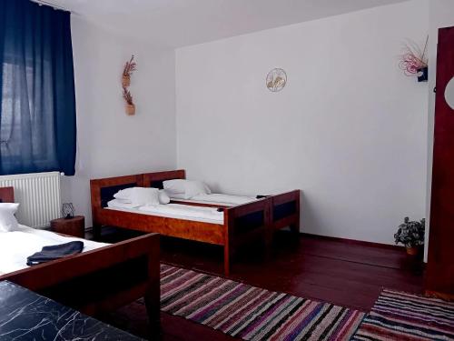 a bedroom with two beds and a rug at Cabana Maguri in Măguri