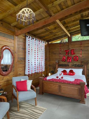 a bedroom with a bed and a chair and a tv at Chalé Alecrim in Córrego do Bom Jesus