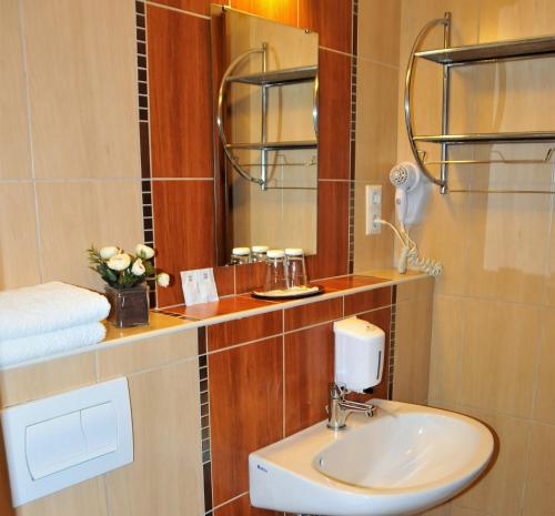 a bathroom with a sink and a mirror at Brauer Panzió in Mecseknádasd