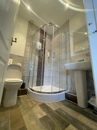 a bathroom with a shower and a toilet and a sink at The Riverside inn in Saltford