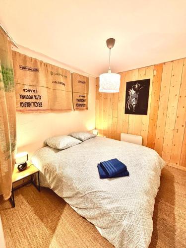 a bedroom with a bed with a blue pillow on it at Le Safari - Montélimar in Montélimar