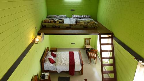 two bunk beds in a green room with a ladder at Aqua Terra Villas in Belūr