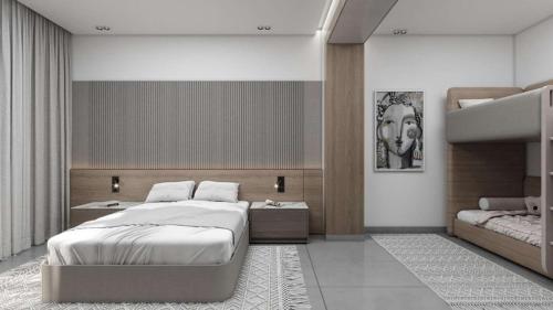a bedroom with a large white bed and a staircase at Flow Aqua Legends Resort Sahl Hasheesh in Hurghada