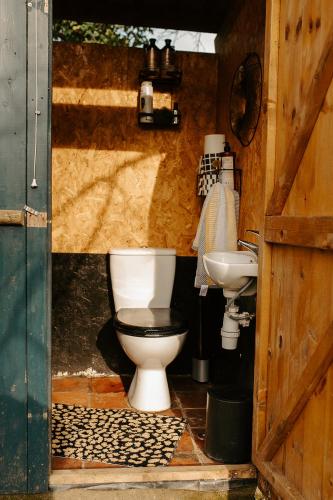 a bathroom with a toilet and a sink at Kestrel lodge in Wrexham
