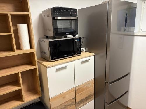 a kitchen with a microwave and a refrigerator at Rodenbach 1 BR Apartment in Rodenbach