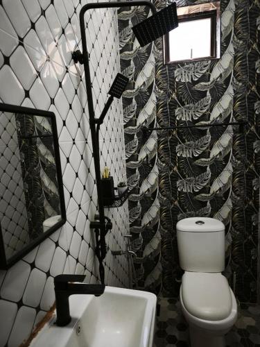a bathroom with a toilet and a sink and a mirror at Anna Homestay Penarik Private Pool in Kampong Ru Sepuloh