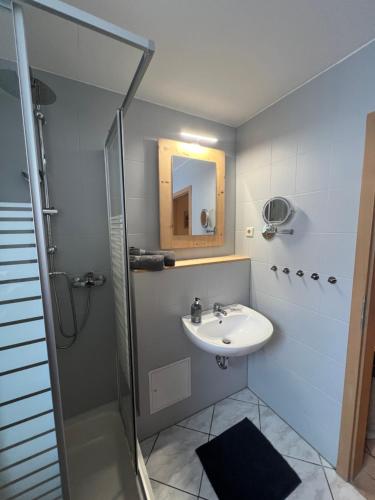 a bathroom with a sink and a shower with a mirror at Ferienwohnung Pobershau in Pobershau