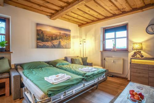a bedroom with a large bed in a room at Ferienwohnung Hauzenberg mit Pool & Sauna in Hauzenberg