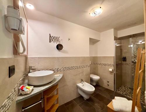 a bathroom with a toilet and a sink and a shower at Hotel Piccolo Chalet in Claviere