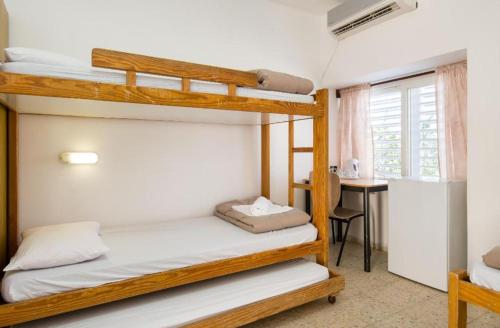 two bunk beds in a room with a desk at SPNI Golan Field School in Qasrîne