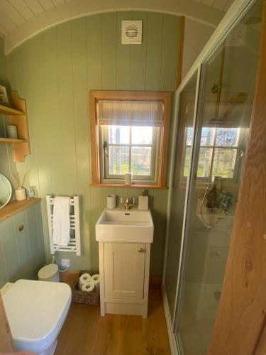 a small bathroom with a sink and a shower at Happy Place Shepherds Hut in Bishops Tachbrook