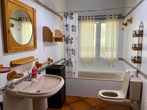 a bathroom with a sink and a toilet and a tub at Los Jabones in Ciudad Real