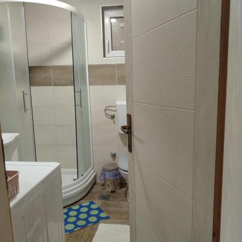 a bathroom with a toilet and a glass shower door at Apartman5 in Gornja Toplica