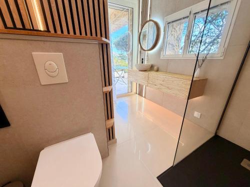 a bathroom with a toilet and a mirror on the wall at Villa Grand Baie in Agay - Saint Raphael