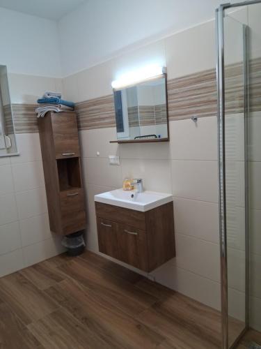 a bathroom with a sink and a mirror and a shower at Ferienhaus Skarbina in Zell-Pfarre