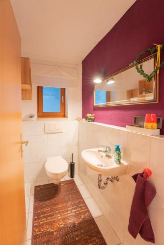 a bathroom with a white toilet and a sink at Ferienwohnung Lois ***** in Eggstätt