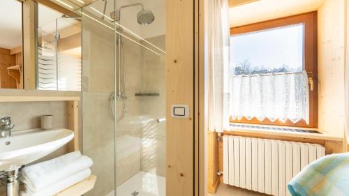 a bathroom with a shower and a sink and a mirror at Locanda Montana in San Vito di Cadore