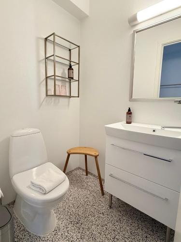 a bathroom with a toilet and a sink and a mirror at Hotel Faaborg in Faaborg