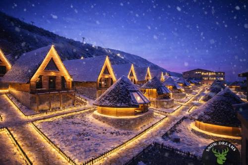 a group of buildings covered in snow at night at Snow Dreams Bungalow Hotel in Türkmenoğlu