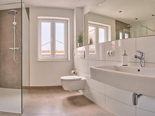a bathroom with a toilet and a sink and a shower at Hotel 'Zum Augarten' in Speyer