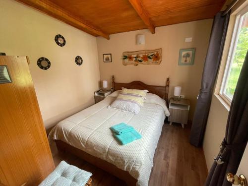 a bedroom with a bed and a window at Cabaña Lago Puyehue in Mantilhue