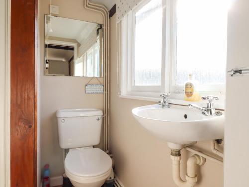 a bathroom with a toilet and a sink and a window at Vine Cottage in Halstead
