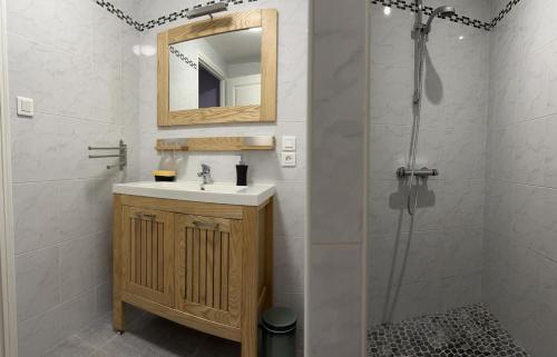 a bathroom with a sink and a shower with a mirror at Gîte des voines in Maillé